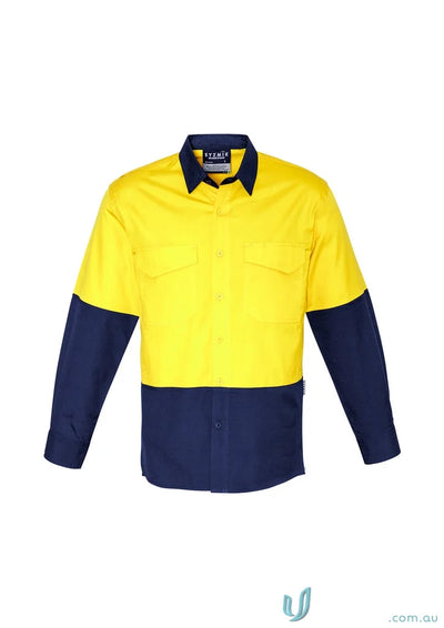 Yellow and navy blue Syzmik mens rugged cooling VIS shirt zw128 with reinforced stress points