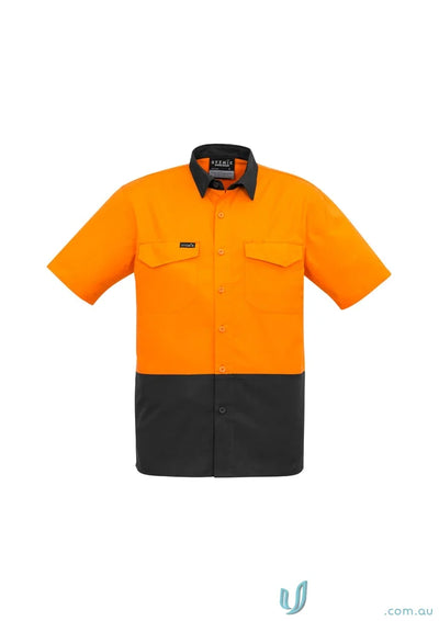 Orange and black Syzmik men’s rugged Vis short sleeve work shirt for durability and cooling