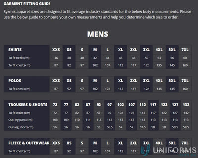 Men’s garment fitting guide for Syzmik Men’s Rugged Vis Taped Short Sleeve Shirt ZW835