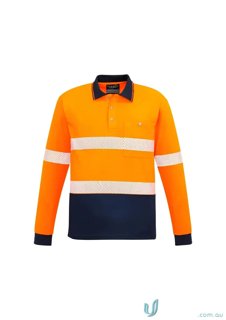 Orange and navy long sleeve polo with vis segmented tape, perfect for Szymik unisex LS Polo ZH530