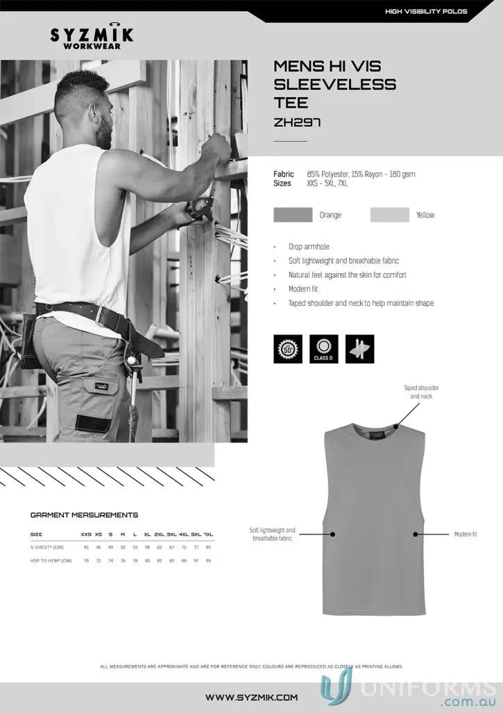 Syzmic HiVis Sleeveless Tee for men, modern fit day long, perfect vis sleeveless tee