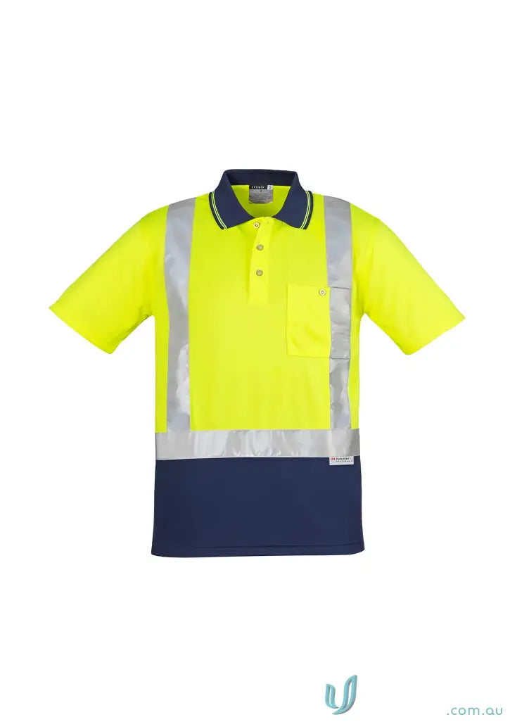 High-visibility vis spliced short sleeve polo with reflective shoulder tape for safety