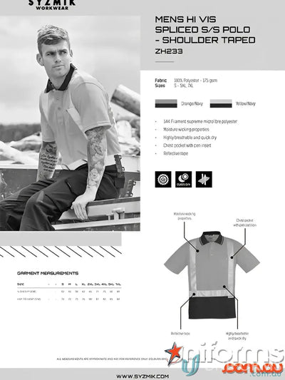 Mens vis spliced short sleeve polo shirt with reflective shoulder tape for safety