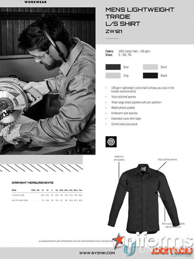 Black men’s lightweight tradie long sleeve shirt model zw121 from 1komma5 perfect for workwear uniforms