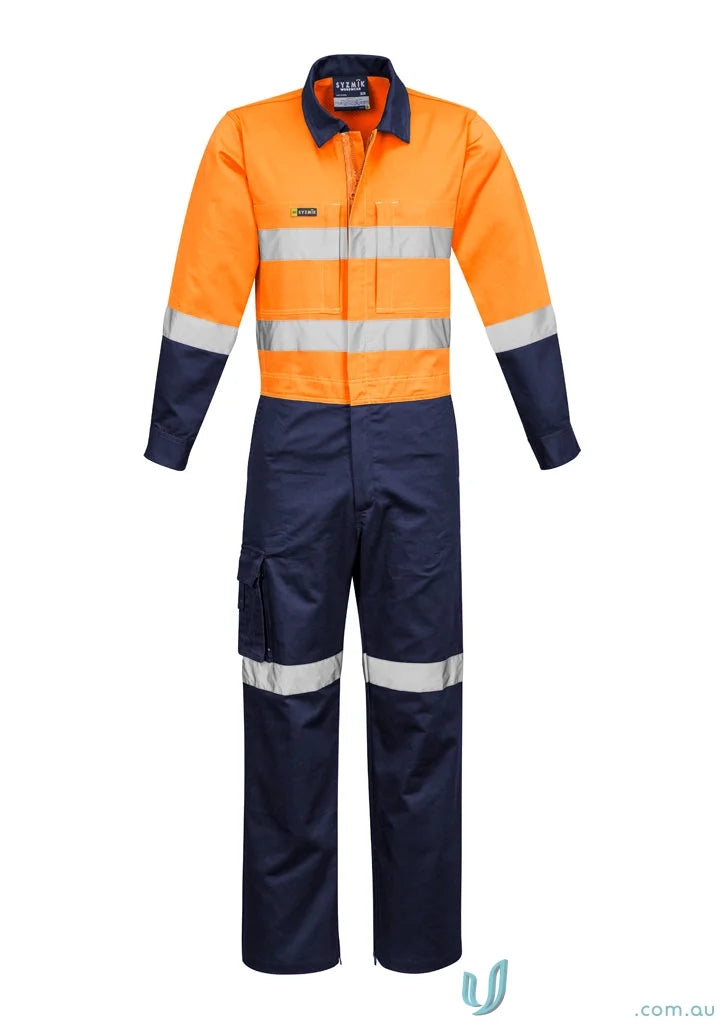 Orange and navy blue reflective coverall from Syzmic Mens Rugged Hivis Cooling collection for stay cool workwear