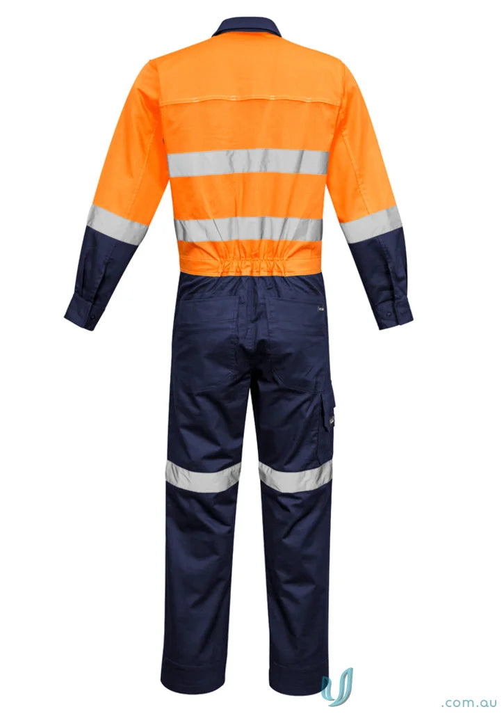 Orange and navy blue reflective work jumpsuit from Syzmic Mens Rugged Hivis Cooling Overalls