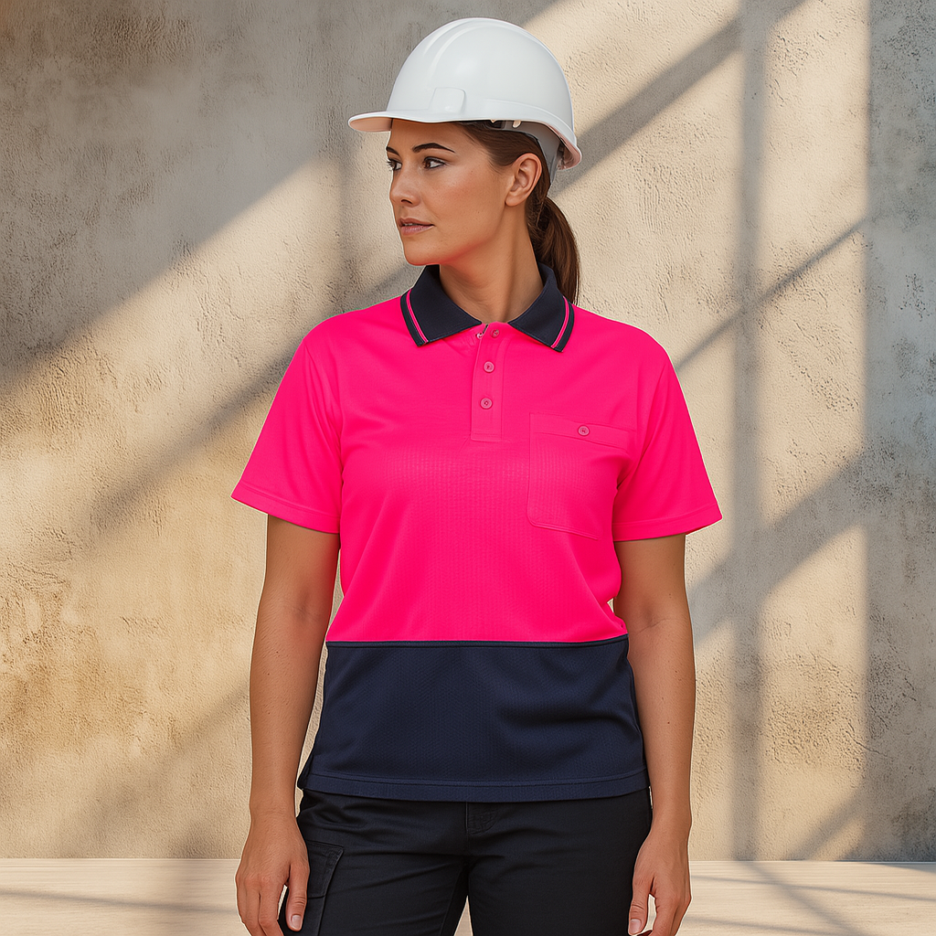 Syzmic Safety Splice SS Polo: bright pink navy short sleeve polo with contrasting collar