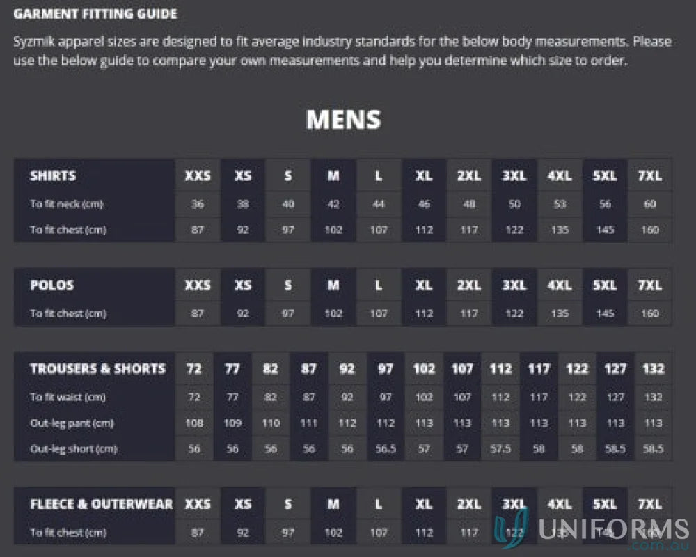 Mens garment fitting guide for Syzmic Squad Safety SS Polo and Vis Squad Short