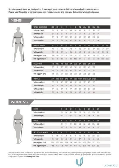 Apparel size chart for Syzmik Streetworx Tough Pants showcasing durability meets ultimate style
