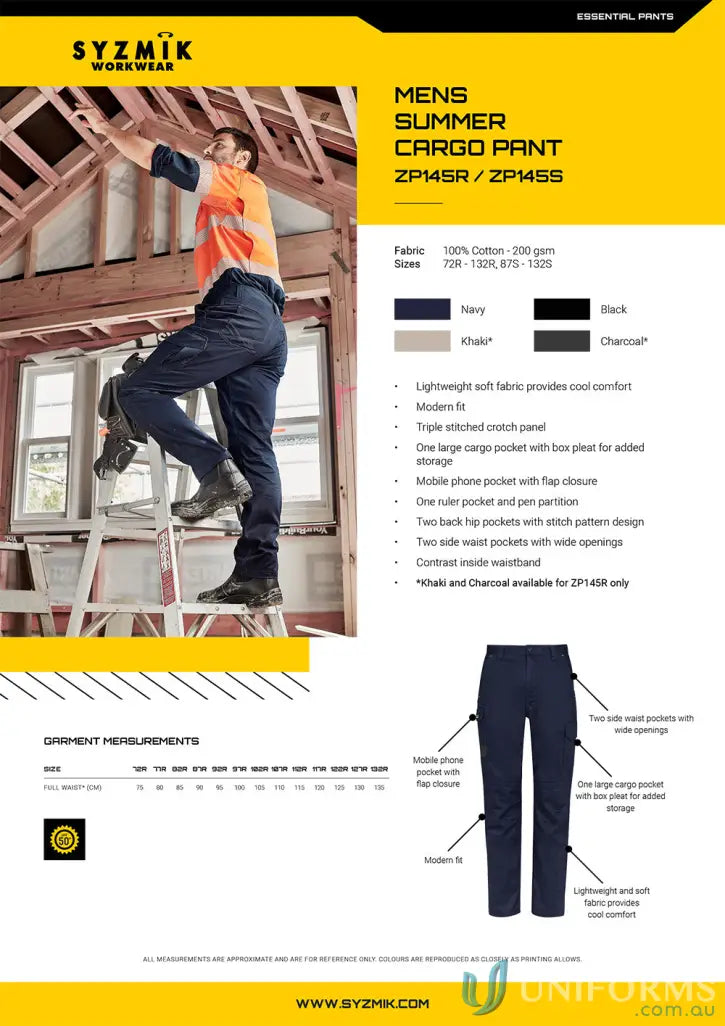 Syzmic Men’s Summer Cargo Pant in navy khaki black charcoal stay cool lightweight fabric