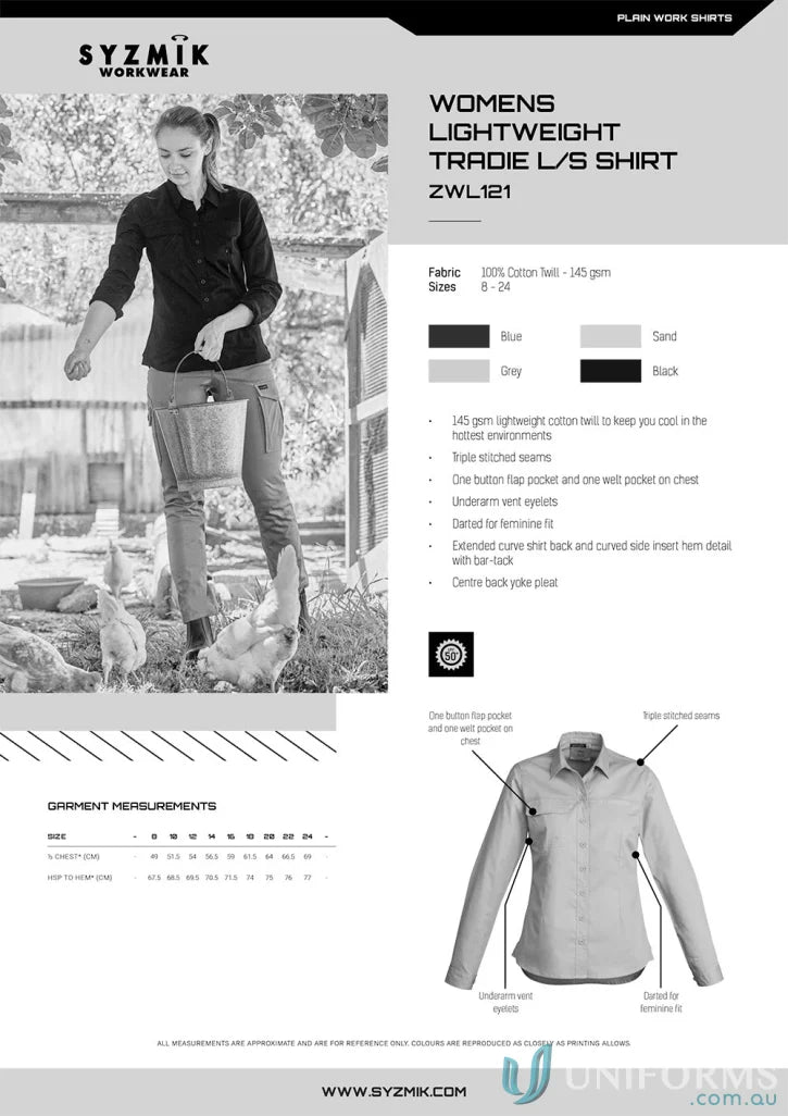 1Komma5 womens lightweight tradie shirt in solid color made from 100% cotton twill ideal for workwear uniforms