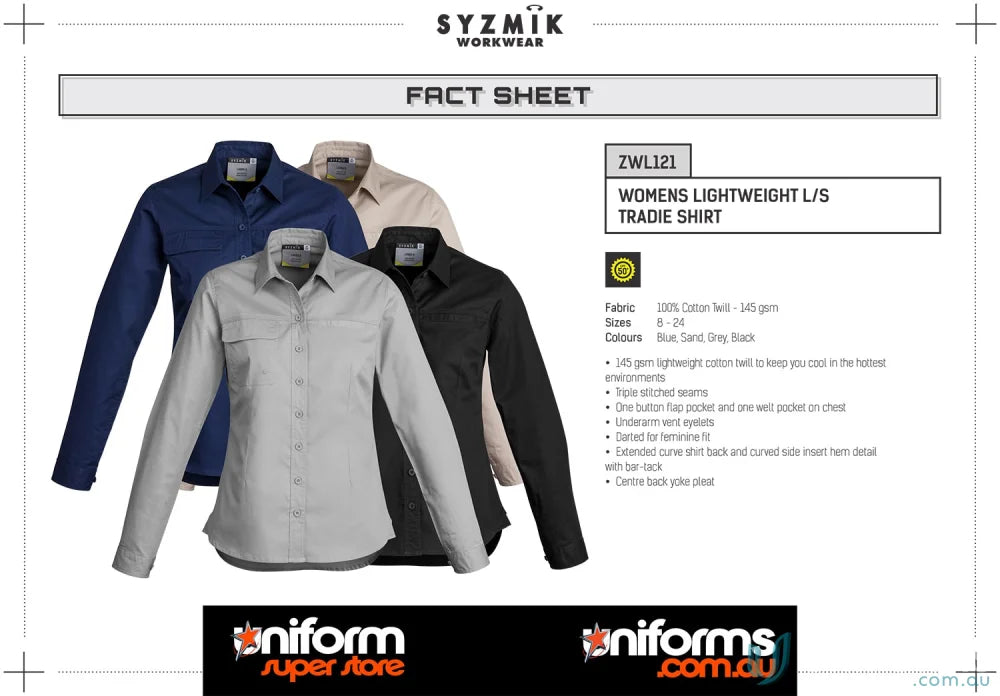 1Komma5 womens lightweight tradie shirt in blue cotton twill perfect for workwear uniforms and work uniforms
