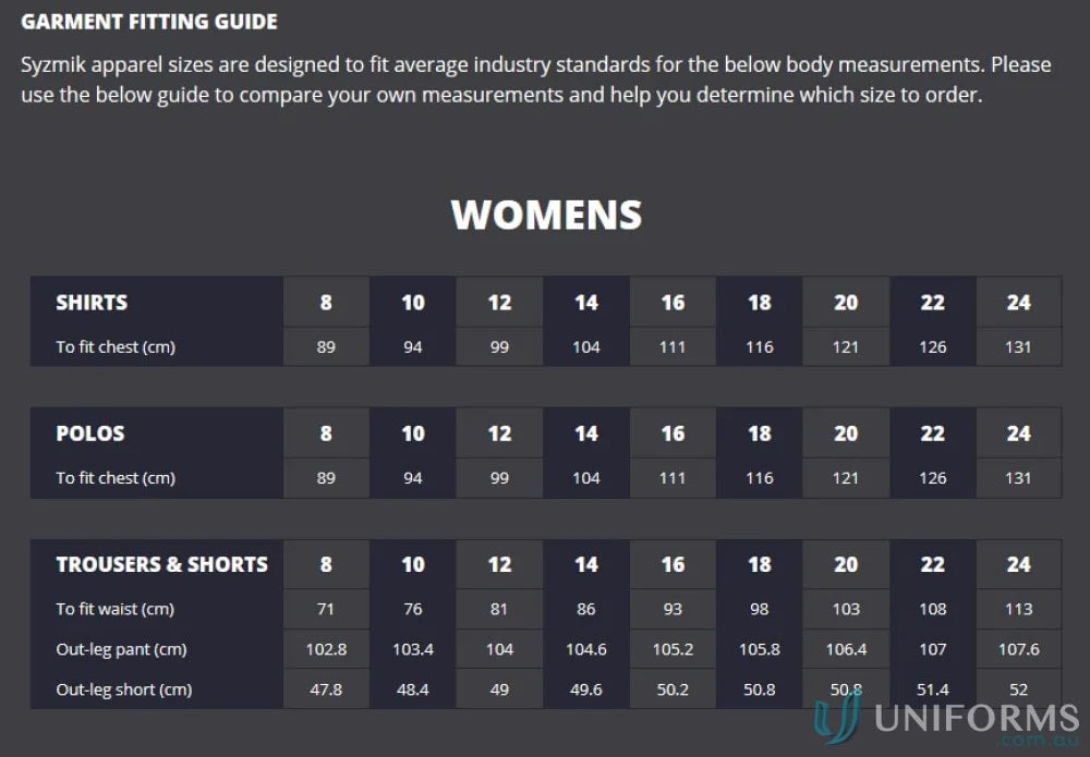 Syzmik womens light weight tradie shirt fitting guide shows size conversions for workwear uniforms with chest and waist cm measurements