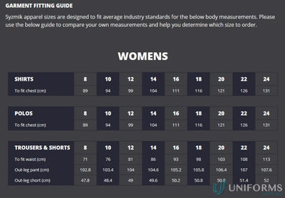 Syzmik womens light weight tradie shirt fitting guide shows size conversions for workwear uniforms with chest and waist cm measurements
