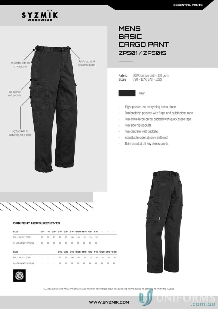 Mens basic cargo pants from Syzmik featuring cargo pants zp501 and reinforced stress points