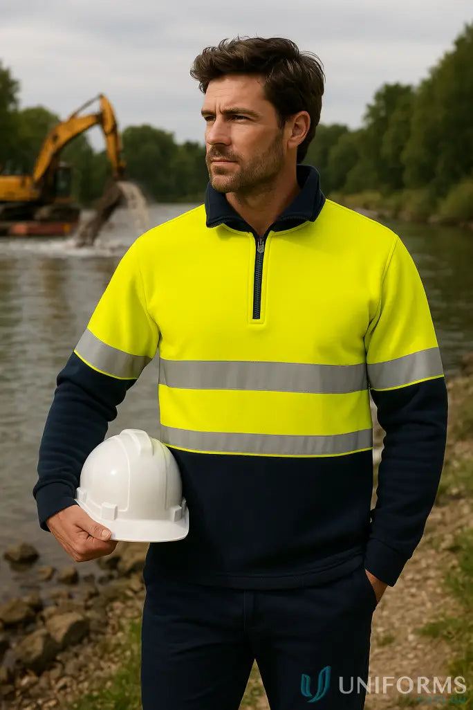 Mens high-vis night fleece jumper hooped with yellow and navy, reflective stripes for safety