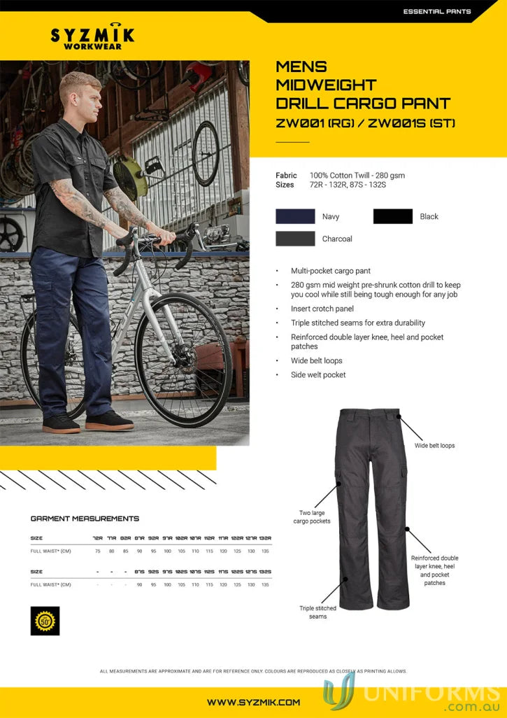 Mens midweight drill cargo pants from Syzmik Drill Cargo for all-day comfort