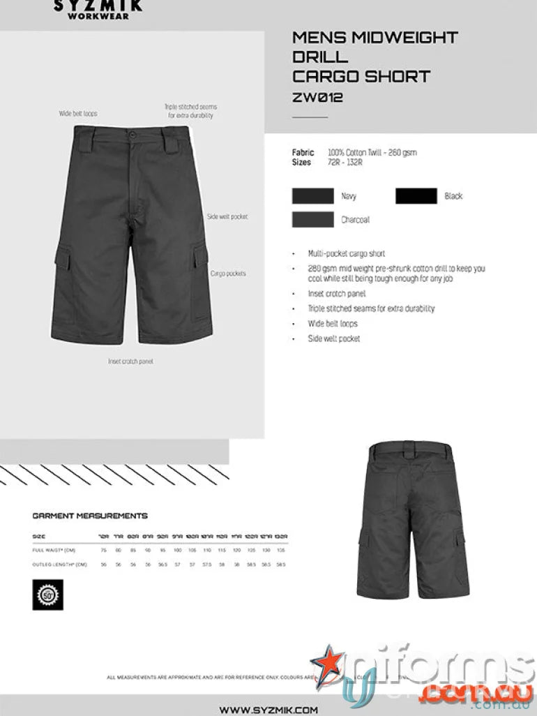 Syzmik Mens Midweight Drill Cargo Short Zw012 for casual comfort and style