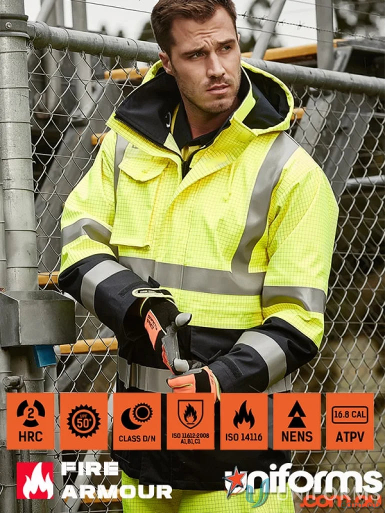 High-visibility Syzmik ZJ900 waterproof jacket for mens orange flame arc rated antistatic workwear
