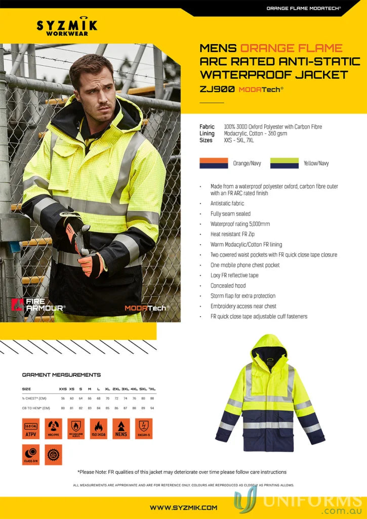 Syzmik ZJ900 waterproof jacket, mens orange flame arc rated antistatic waterproof coat