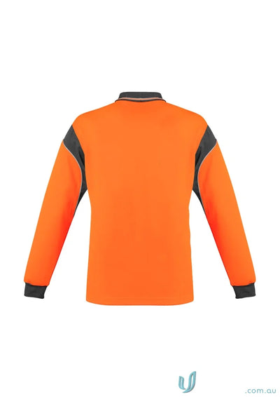 Syzmic Men’s Vis Aztec Long Sleeve Polo in orange and gray for a cool look