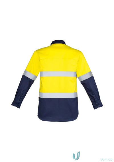 Yellow and navy blue high-visibility Syzmik men’s closed work shirt with mesh vent inserts zw550