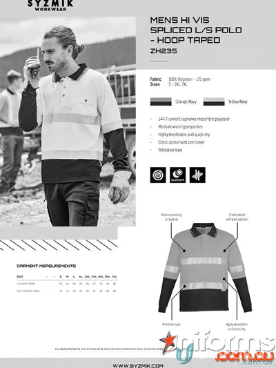 Syzmik Mens Vis Spliced Long Sleeve Hoop Taped Work Shirt for high visibility safety
