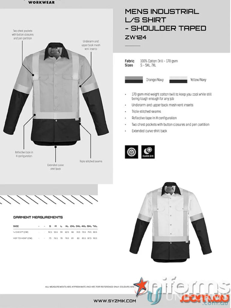 Syzmik Mens Industrial Long Sleeve Shirt with Shoulder Taped and Reflective Tape