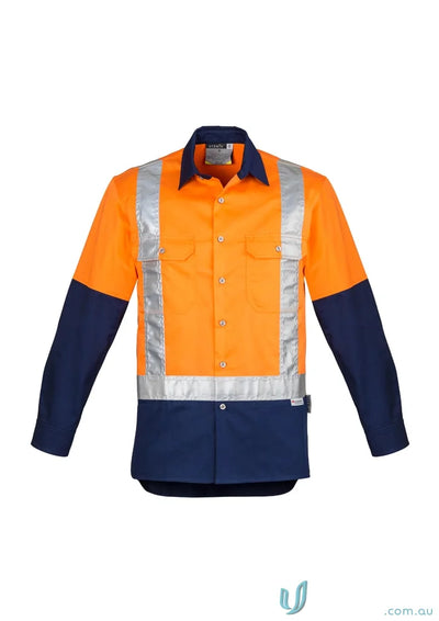 Orange and navy blue syzmik mens industrial shoulder taped zw124 work shirt with reflective tape
