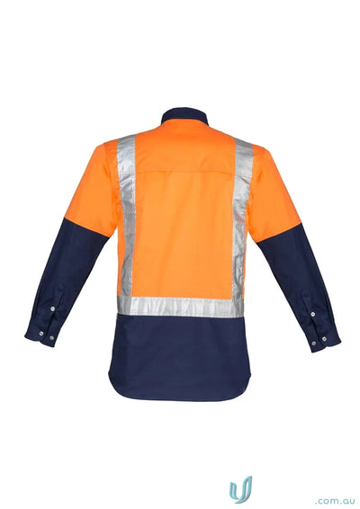 Orange and navy blue Syzmik mens industrial long sleeve shirt with reflective tape and shoulder taped zw124