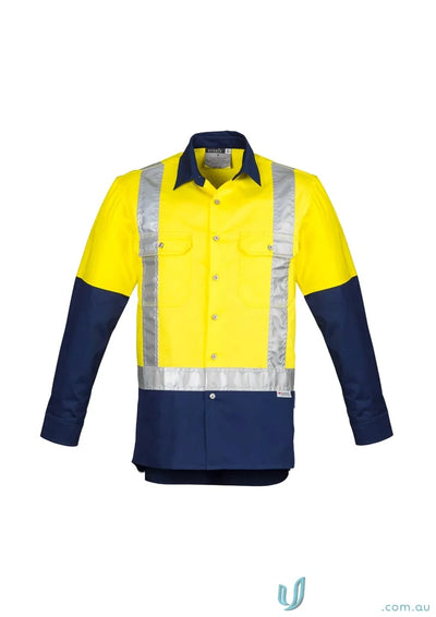 Yellow and blue syzmik mens industrial long sleeve shirt with shoulder taped zw124 and reflective tape