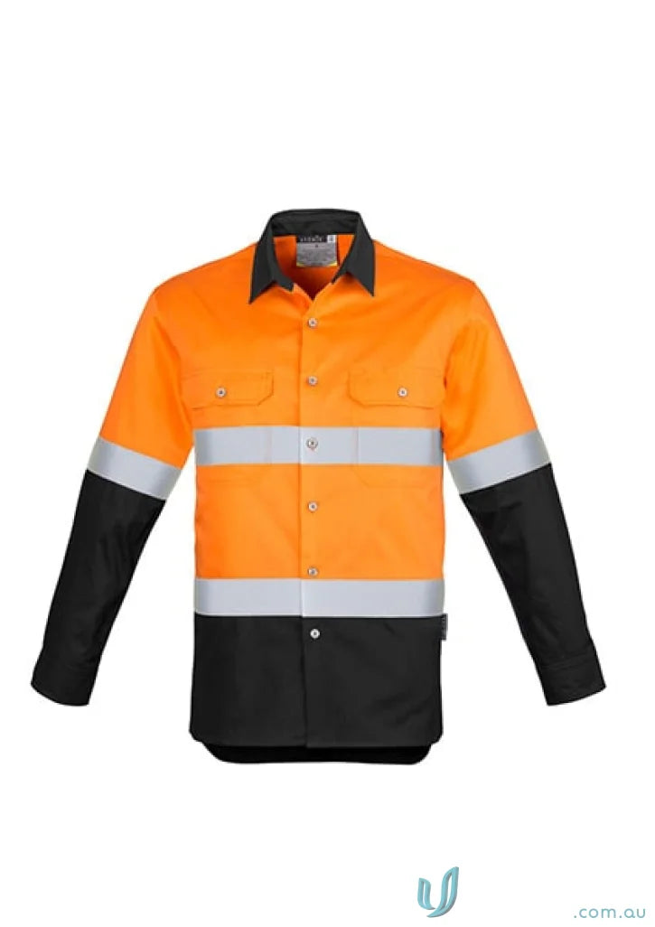 Orange and black high-visibility Syzmik mens industrial long sleeve shirt with hoop taped zw123 for demanding work environments