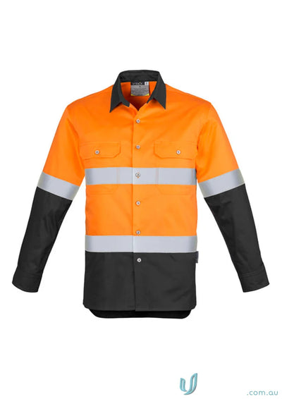Orange and black syzmik mens industrial long sleeve shirt with hoop taped zw123 for demanding work environments