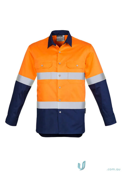 Orange and navy blue high-vis Syzmik Mens Industrial Long Sleeve Shirt hoop taped zw123 for demanding work environments