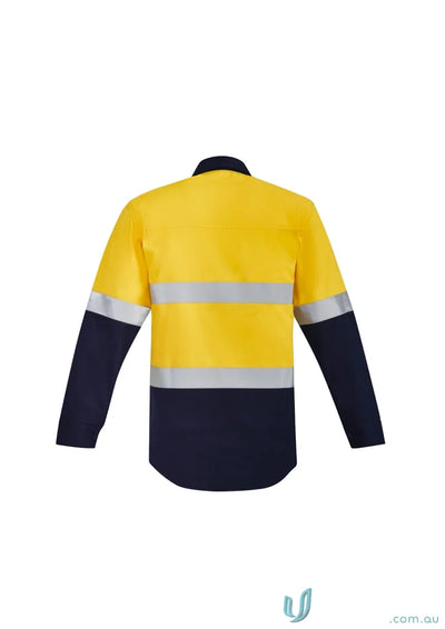Yellow and navy long-sleeved work shirt with two chest pockets and syzmic men’s orange style