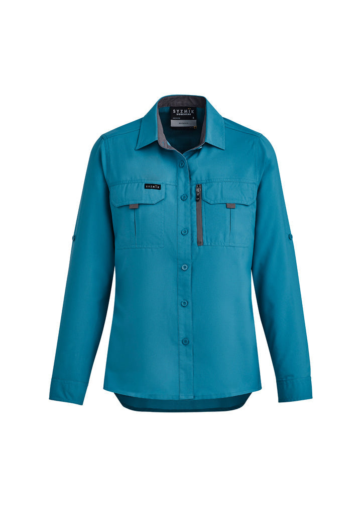 Syzmik women’s outdoor long sleeve shirt zw760 with teal chest pockets