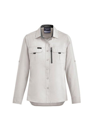 Syzmik women’s outdoor long sleeve shirt zw760 with beige chest pockets