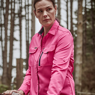 Syzmik women’s outdoor long sleeve shirt zw760 in vibrant pink with black zippers