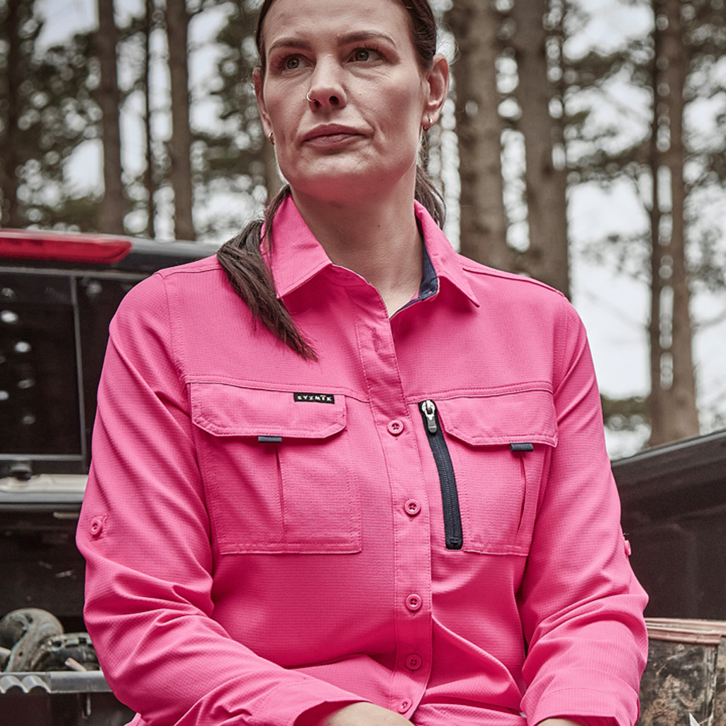 Syzmik women’s outdoor long sleeve shirt zw760 in bright pink with chest pockets