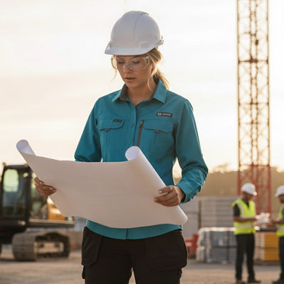 Woman in Syzmik womens outdoor sleeve shirt zw760 holds blueprints at site
