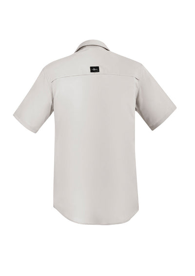 Back of Syzmik Outdoor SS Shirt zw465 beige short sleeve with black logo patch