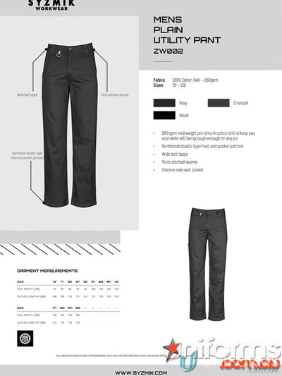 Syzmik Mens Plain Utility Pants zw002 with wide belt loops for casual style