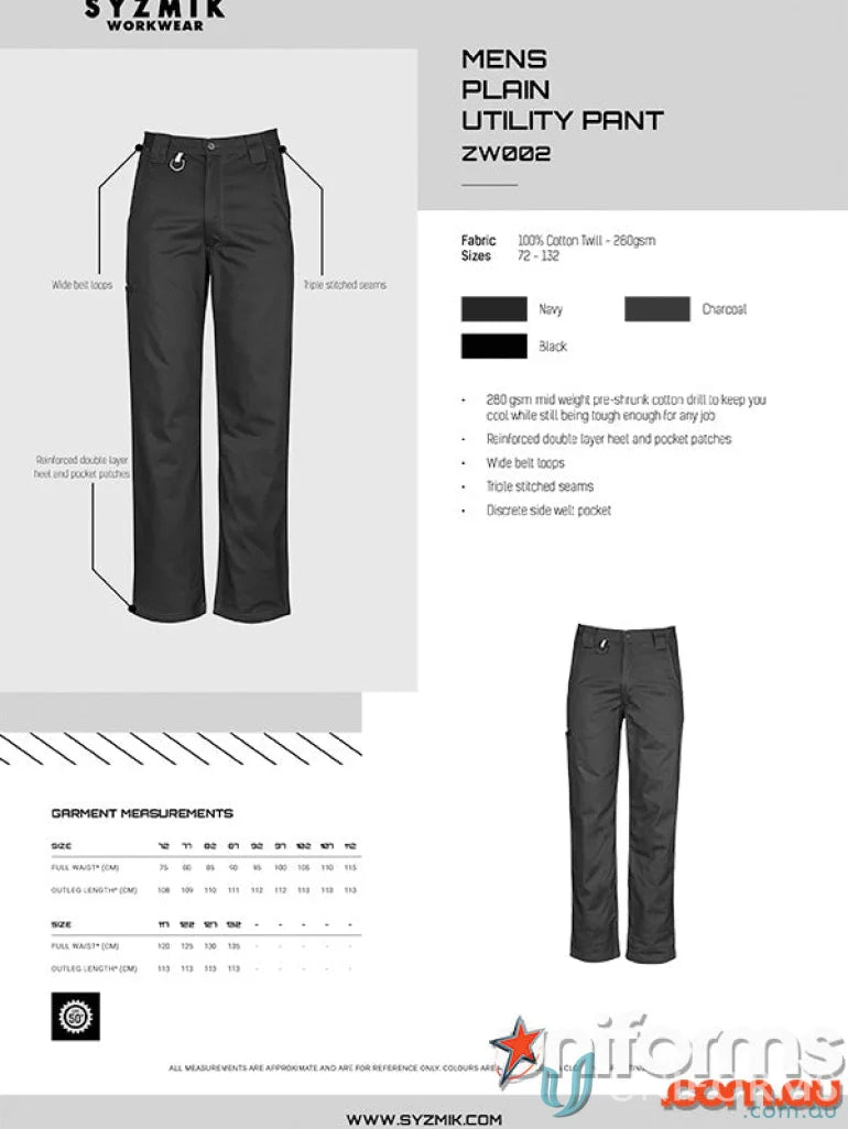 Syzmik Mens Plain Utility Pants zw002 with wide belt loops for casual style