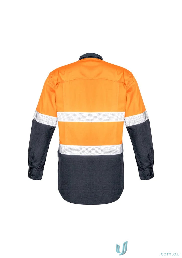 Orange and navy blue Syzmik Rugged Cooling Vis Taped Long Sleeve Shirt for safety
