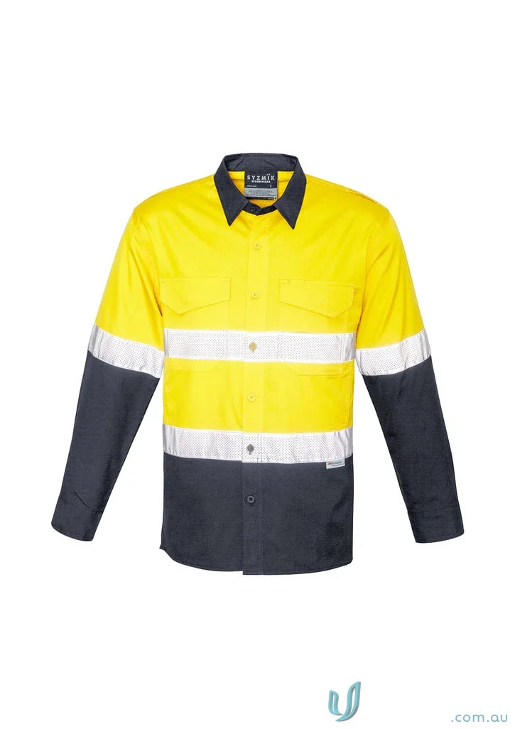 Yellow and navy Syzmik Rugged Cooling Taped Hi Vis Spliced Long Sleeve Shirt