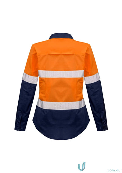 Orange and navy blue Syzmik Womens Rugged Shirt ZW720 with reflective tape for safety
