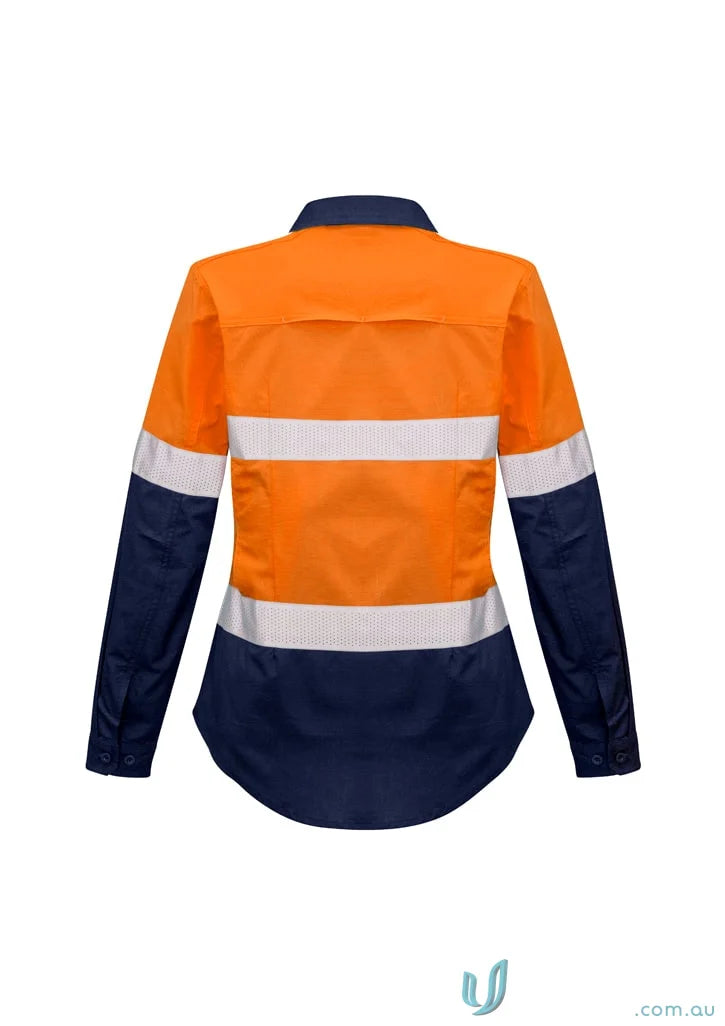 Orange and navy blue Syzmik Womens Rugged Shirt ZW720 with reflective tape for safety