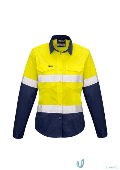 Syzmik Womens Rugged High-Vis Shirt with yellow navy blue reflective tape zw720