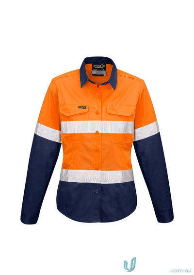Syzmik womens rugged work shirt zw720 with orange navy blue color and reflective tape