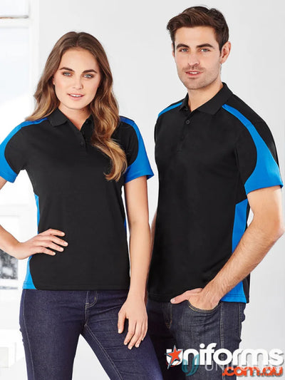 Matching black and blue Talon Polo shirts from the Biz Cool Collection Talon